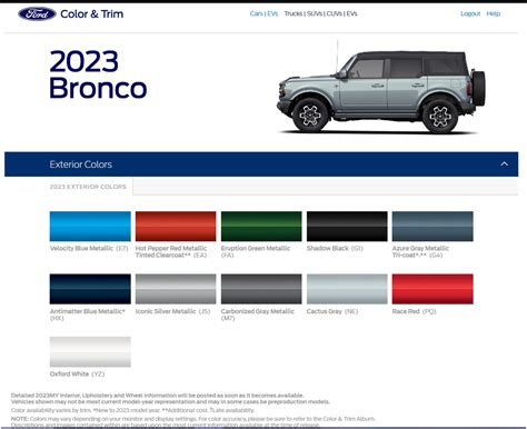 2023 Ford Bronco Color Chart